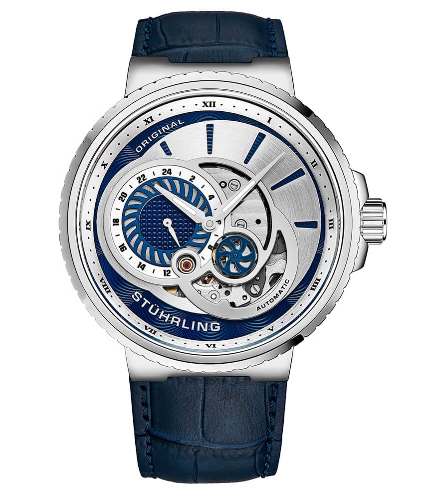 Stührling Legacy 996 Automatic 45mm Skeleton - Silver Dial / Silver Case / Blue Leather Strap Silver Tang Buckle