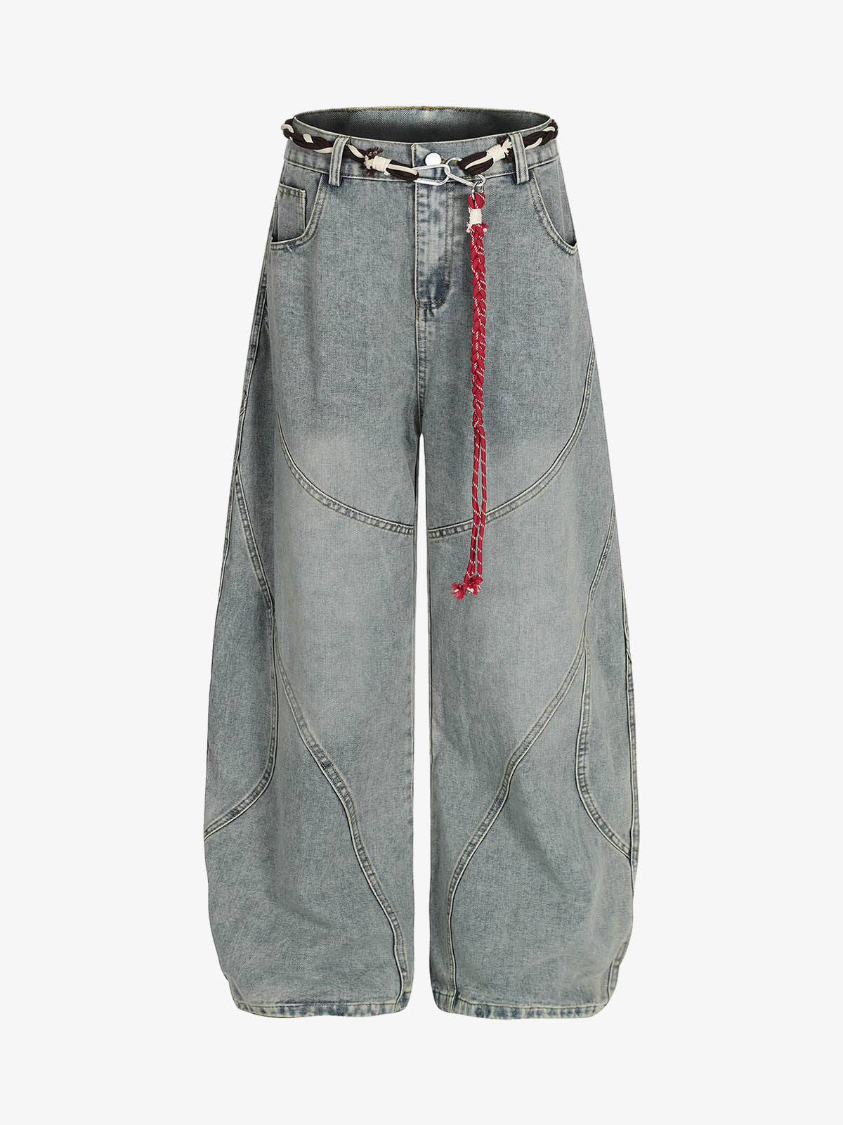 Denim Retro Belt Detail With Patchwork Barrel Jeans - 2490 - Blue / S