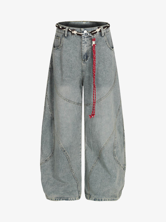Denim Retro Belt Detail With Patchwork Barrel Jeans - 2490 - Blue / S
