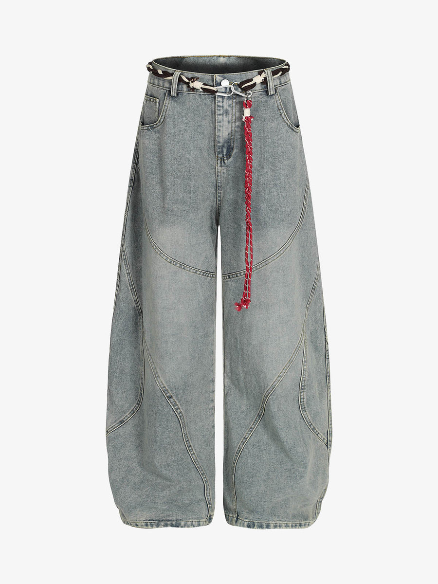 Denim Retro Belt Detail With Patchwork Barrel Jeans - 2490 - Blue / S