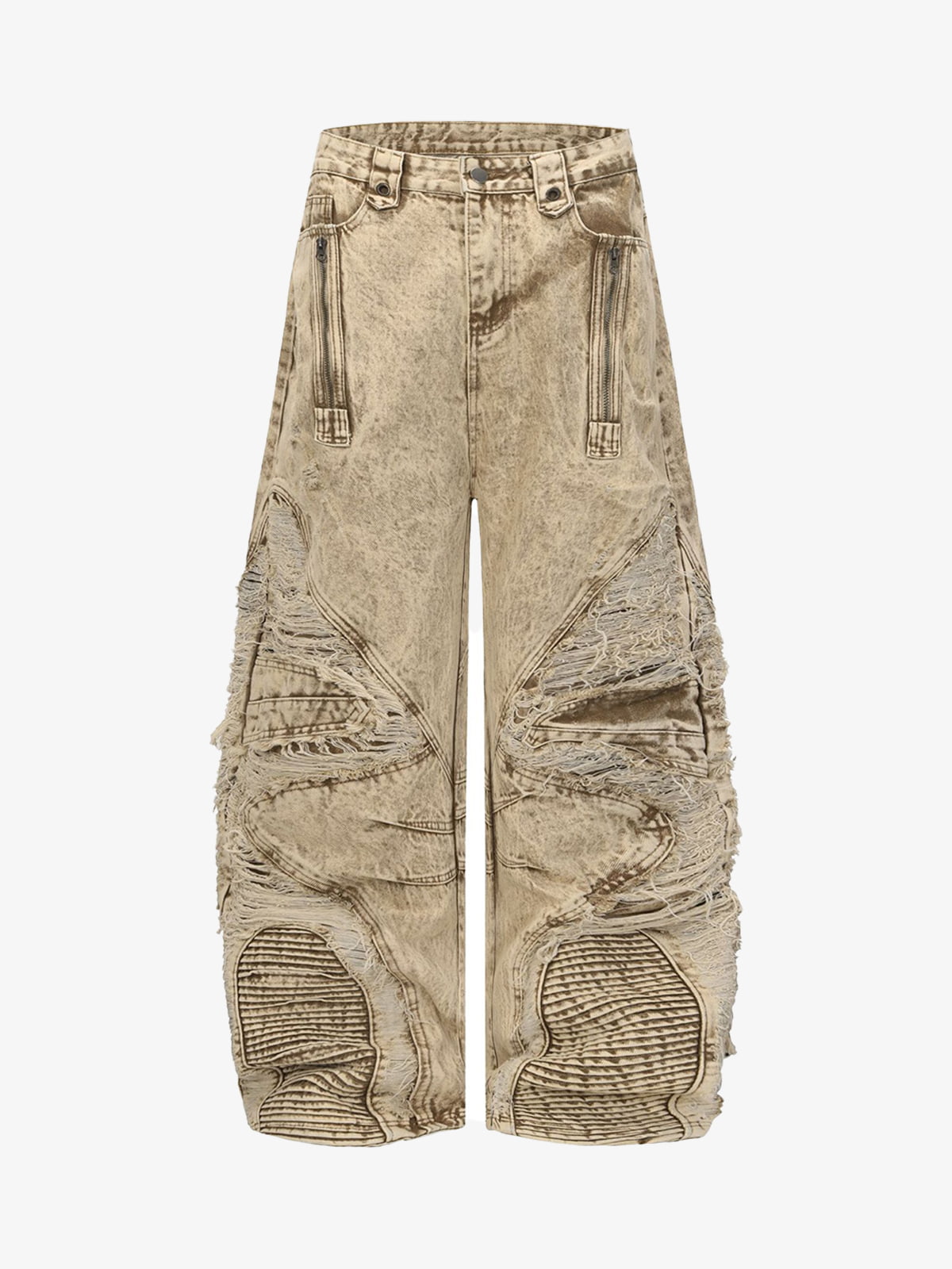 Distressed Raw-Edge Panel Sculpted Wide-Leg Jeans - 2590 - Apricot / S
