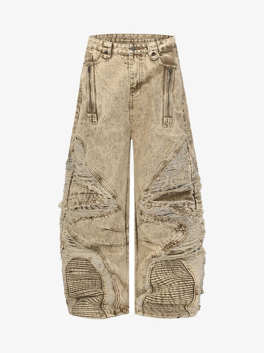 Distressed Raw-Edge Panel Sculpted Wide-Leg Jeans - 2590 - Apricot / S