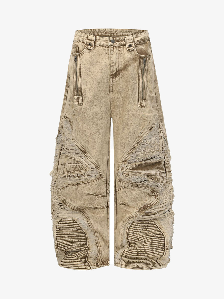Distressed Raw-Edge Panel Sculpted Wide-Leg Jeans - 2590 - Apricot / S