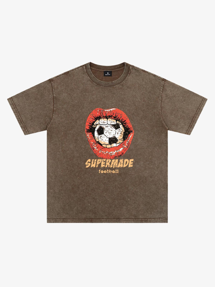 Soccer Ball Lips Graphic T-Shirt - Coffee / M
