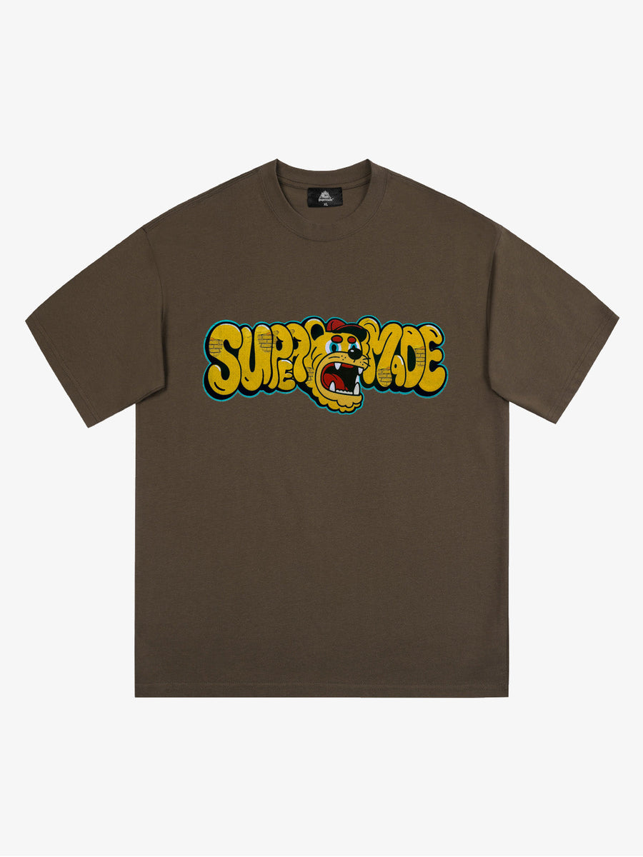 Street Graffiti Trendy Tiger Head Font T-Shirt - Brown / M