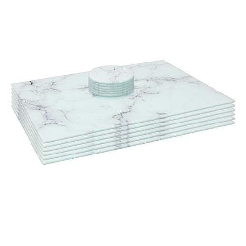 12pc Rectangle Glass Placemats & Round Coasters Set - 40cm x 30cm - Marble - White Marble
