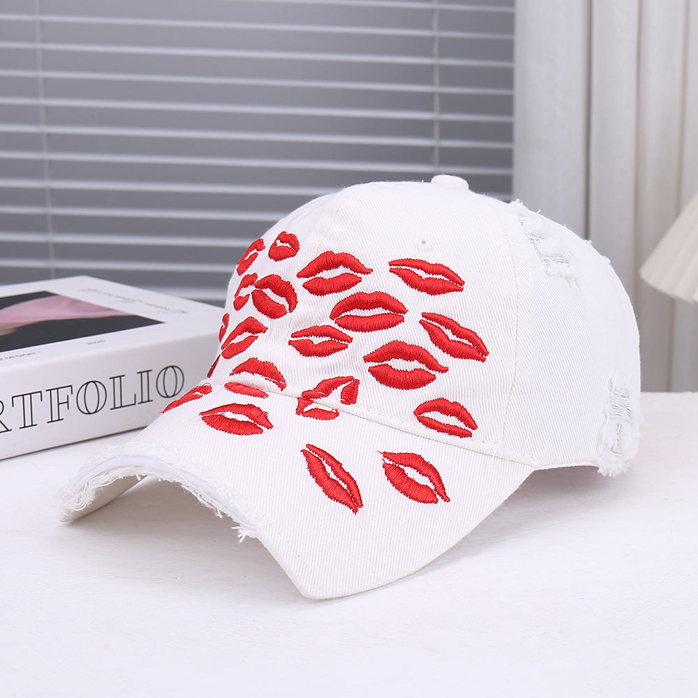 Red Lip Embroidery Distressed Baseball Cap - White / ONE SIZE