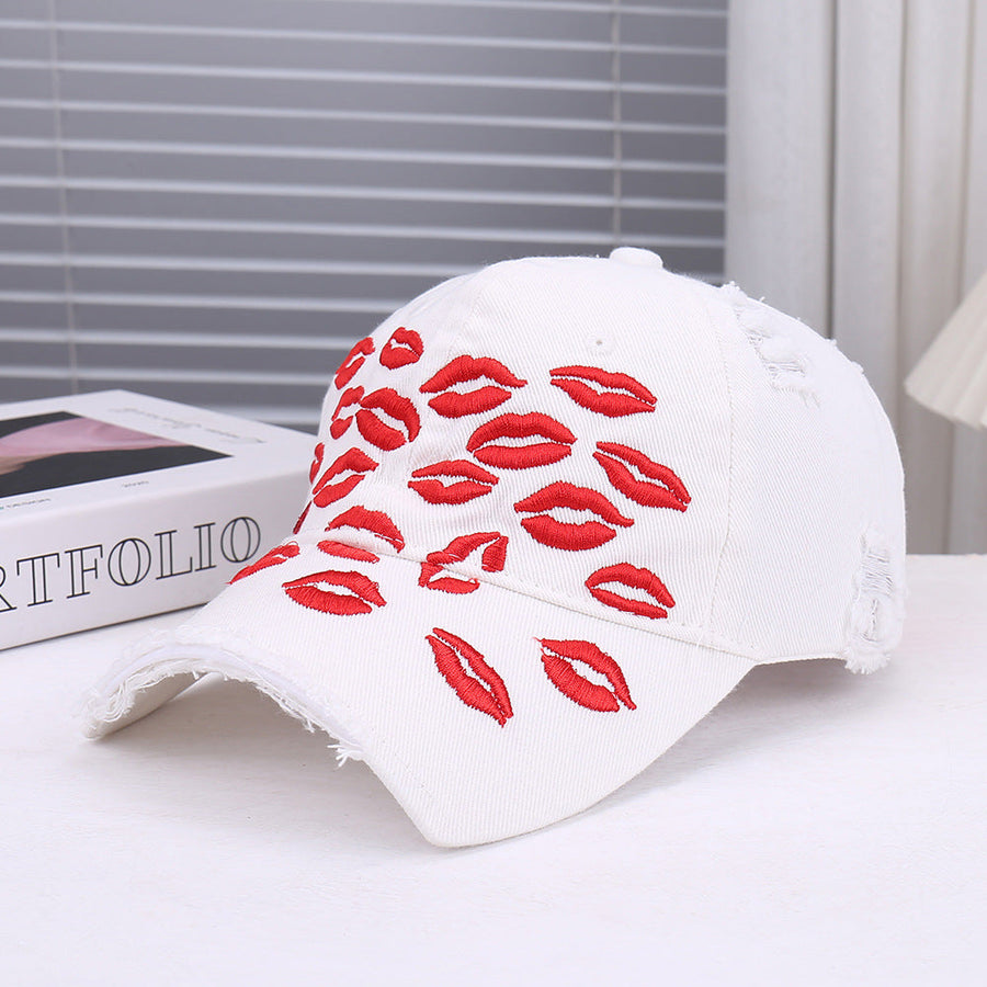 Red Lip Embroidery Distressed Baseball Cap - White / ONE SIZE