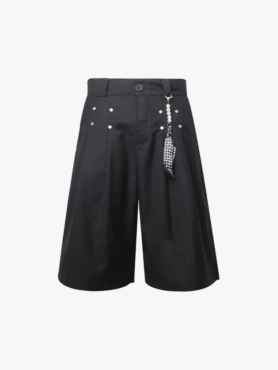 Pleated Design Pendant Decoration Baggy Shorts - 2482 - Black / S
