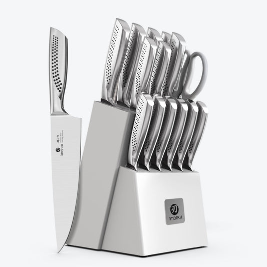 15-Piece Stainless Steel Knife Set with Block & Built-in Sharpener - White
