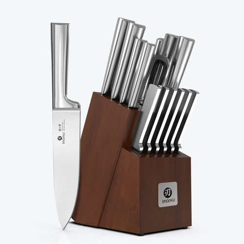 15 Pcs Japanese Knife Set Dishwasher Safe Kitchen Knife Set with Block - Brown