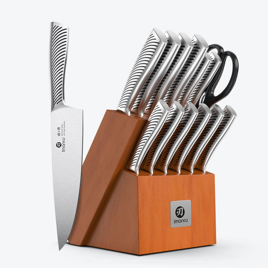 14-Piece Orange Knife Block Set with Built-in Sharpener Imarku Gourmet Knife Set