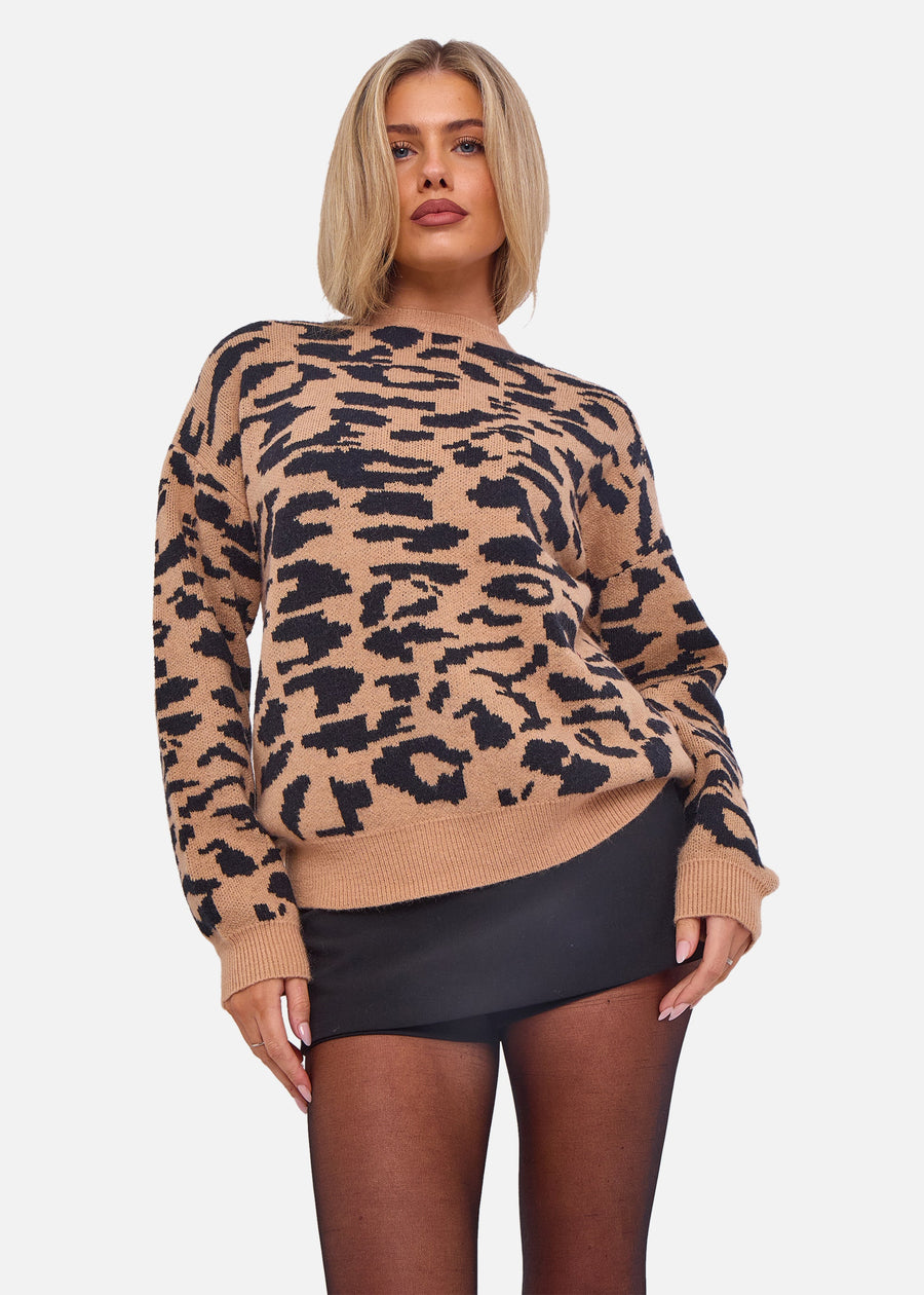 Camel Animal Print Crew Neck Knit Jumper