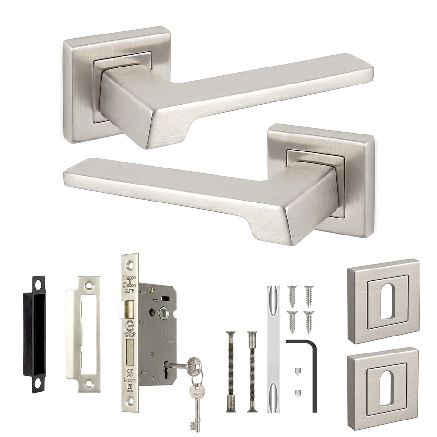 Spectra Satin Nickel Privacy Door Lever Handles - Sash Lock Kit 64mm