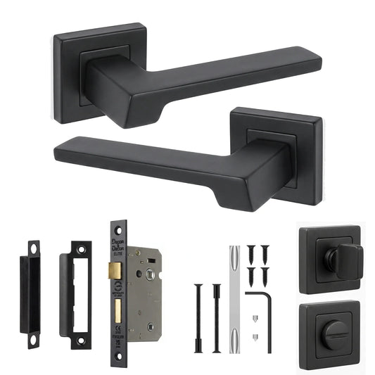 Spectra Matt Black Bathroom Door Lever Handles - Bathroom Kit 64mm