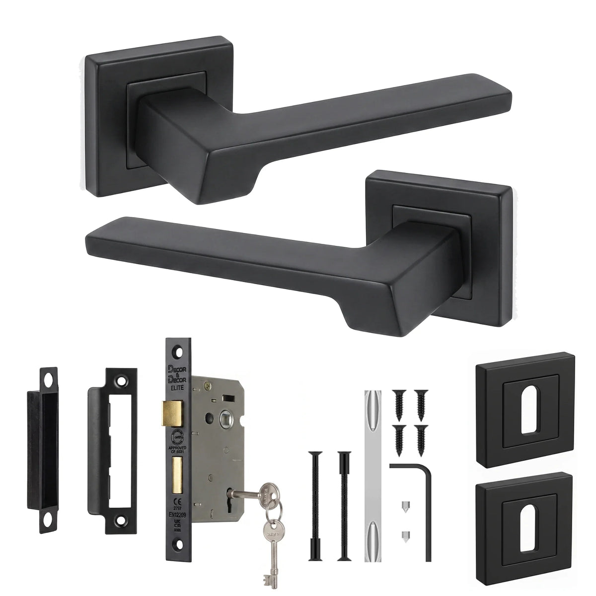 Spectra Matt Black Privacy Door Lever Handles - Sash Lock Kit 64mm
