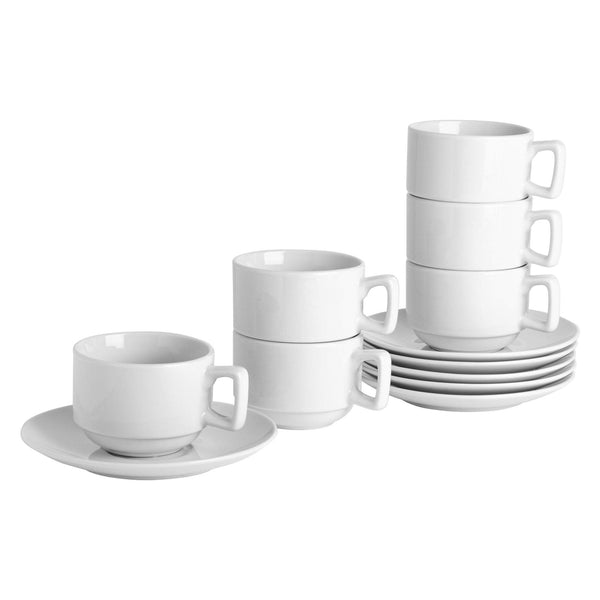 200ml White China Stacking Teacups &amp; Saucers - 6 Sets