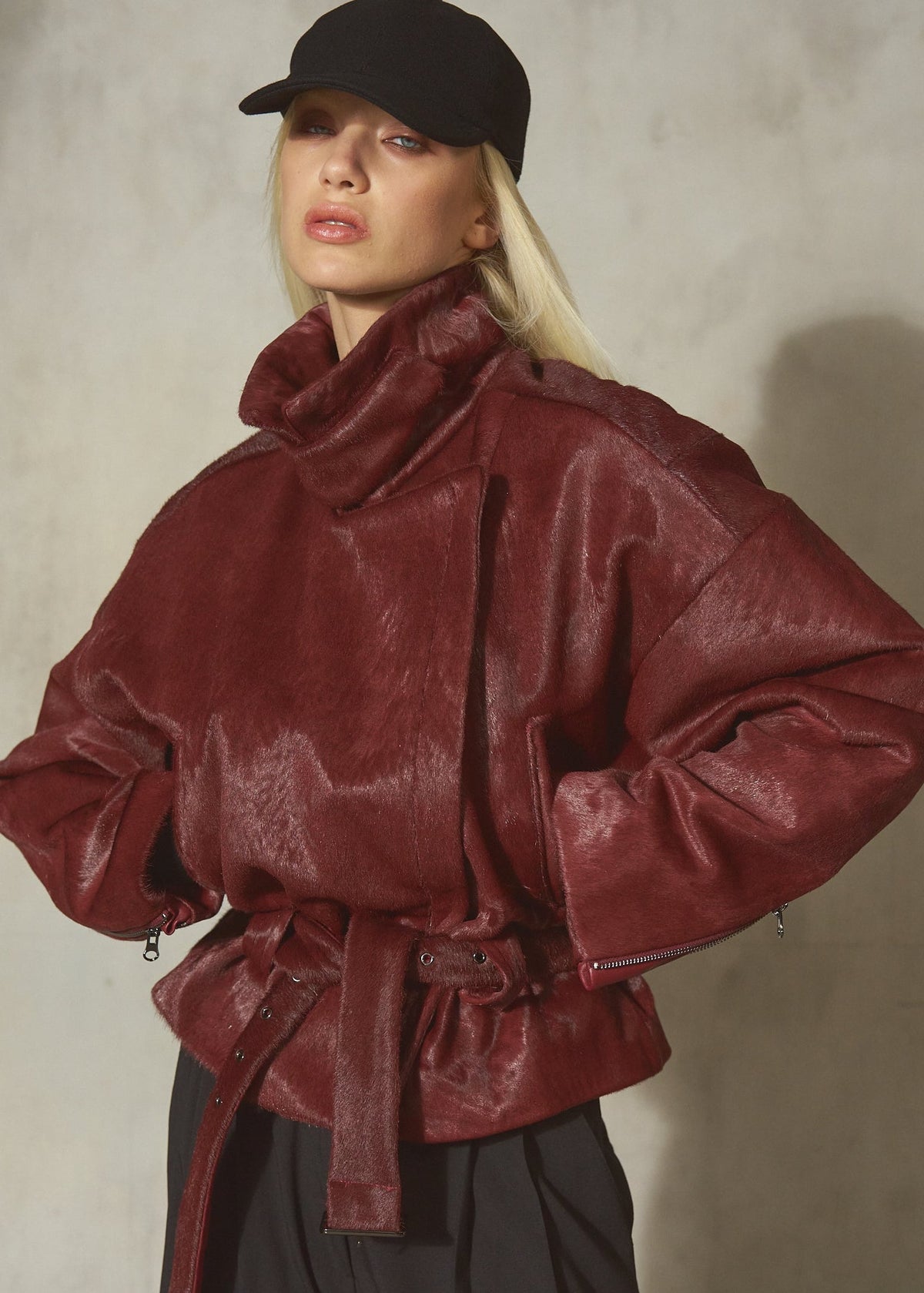 PONY HAIR BELTED MOTO JACKET - Burgundy - L
