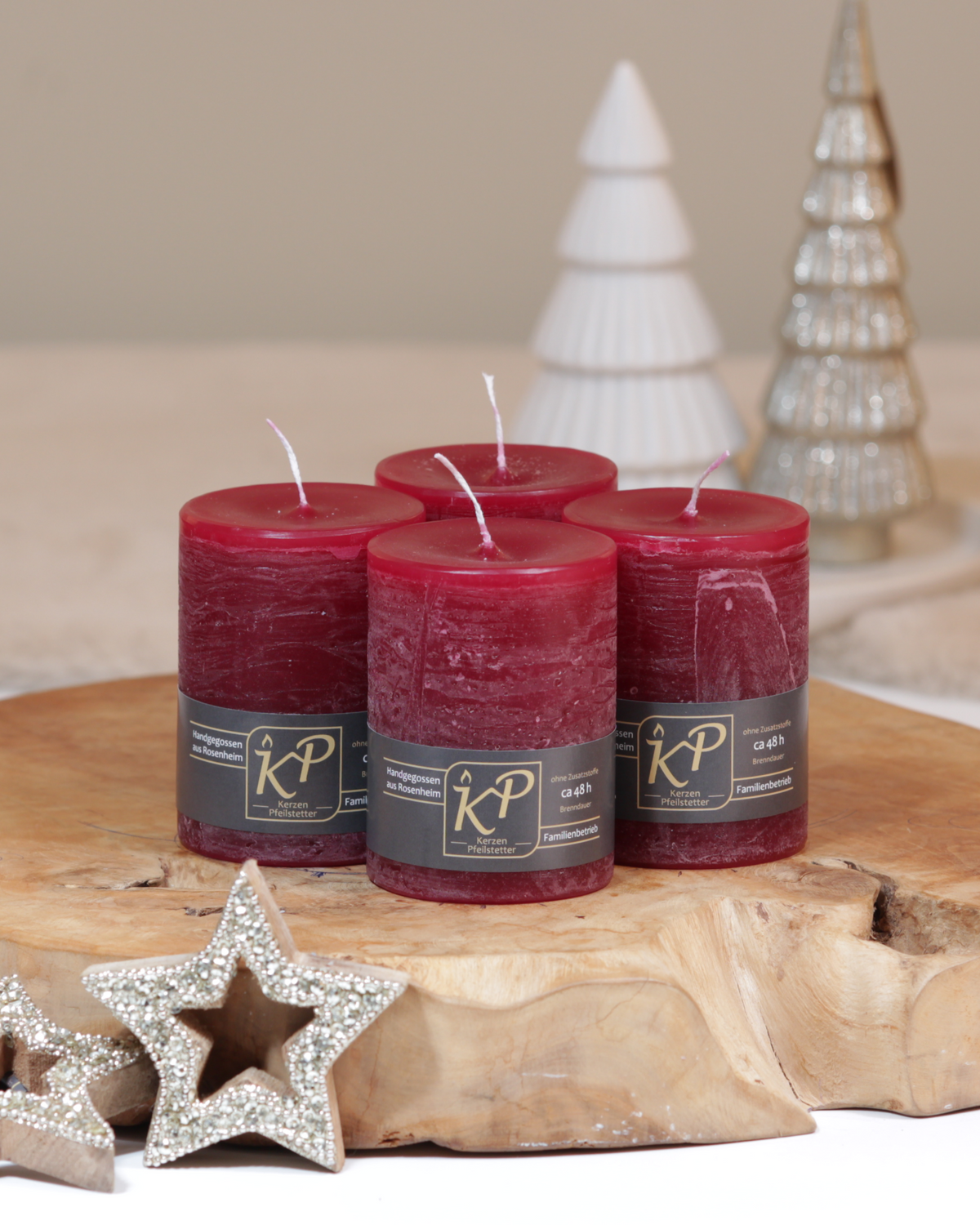 Adventskerzen burgundrot – 4er-Set, handgemacht · ~48 h Brenndauer