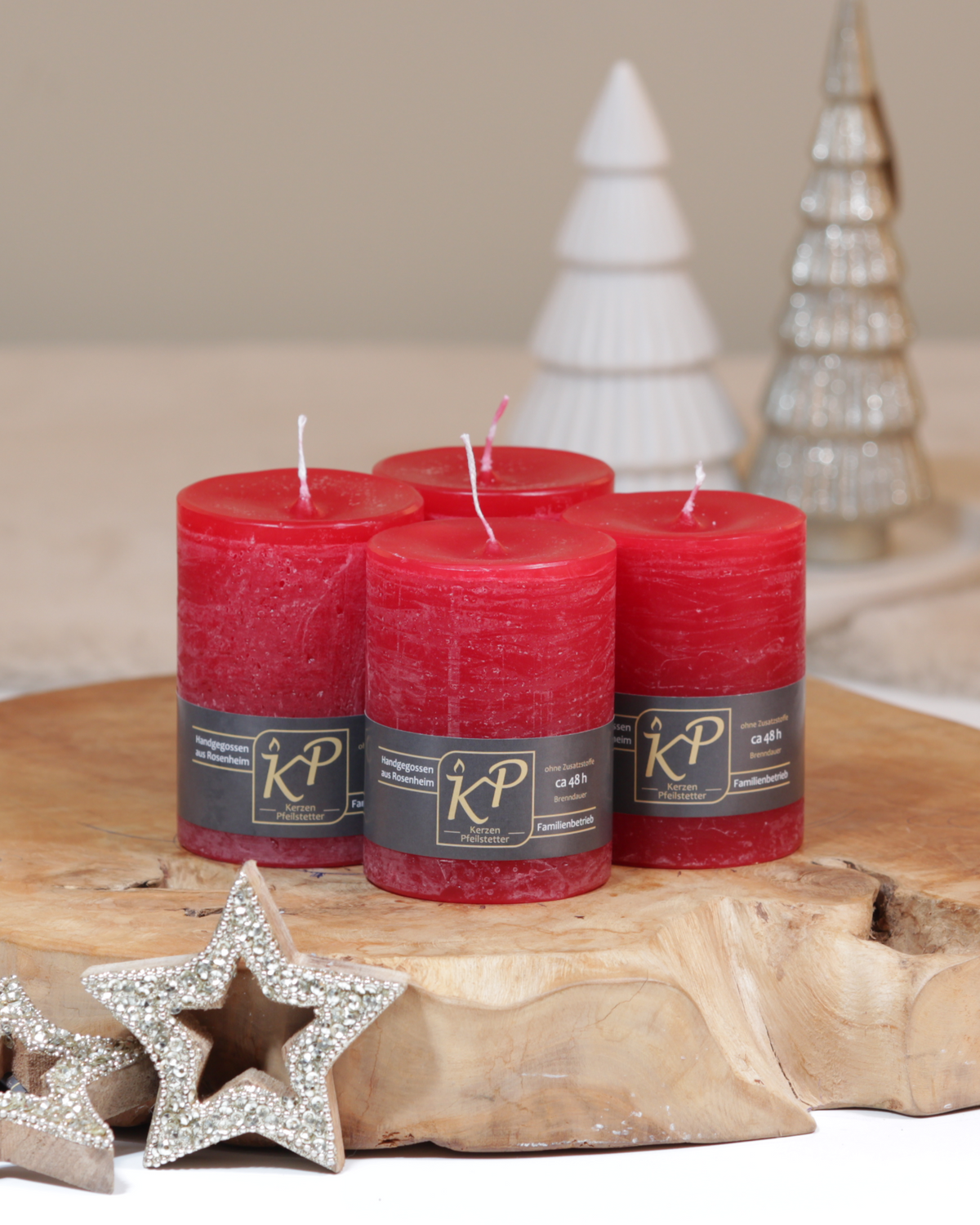 Adventskerzen weihnachtsrot – 4er-Set, handgemacht · ~48 h Brenndauer