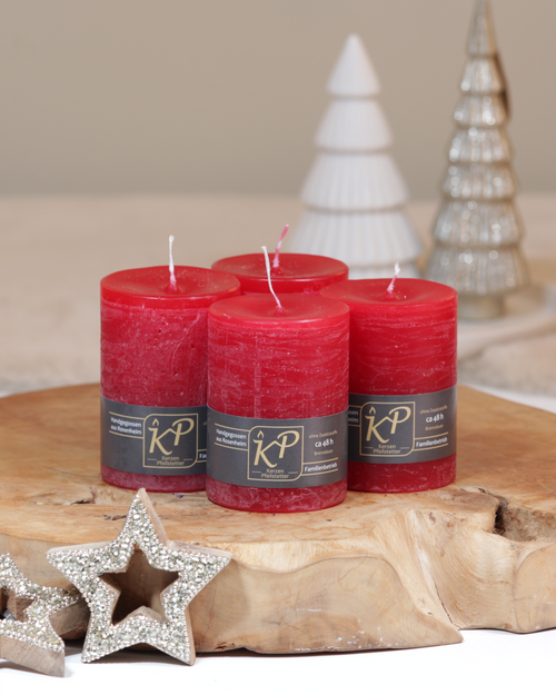 Adventskerzen weihnachtsrot – 4er-Set, handgemacht · ~48 h Brenndauer