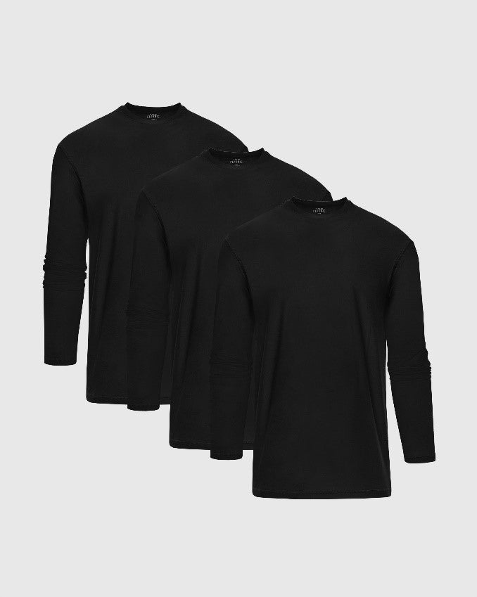 True Classic All Black Active Long Sleeve Crew T-Shirt 3-Pack | Cotton Blend | Athletic Cut | Small