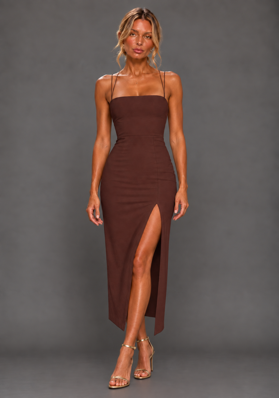 Alyssa | Strappy Thigh Split Chocolate Midaxi Dress - 12 / brown