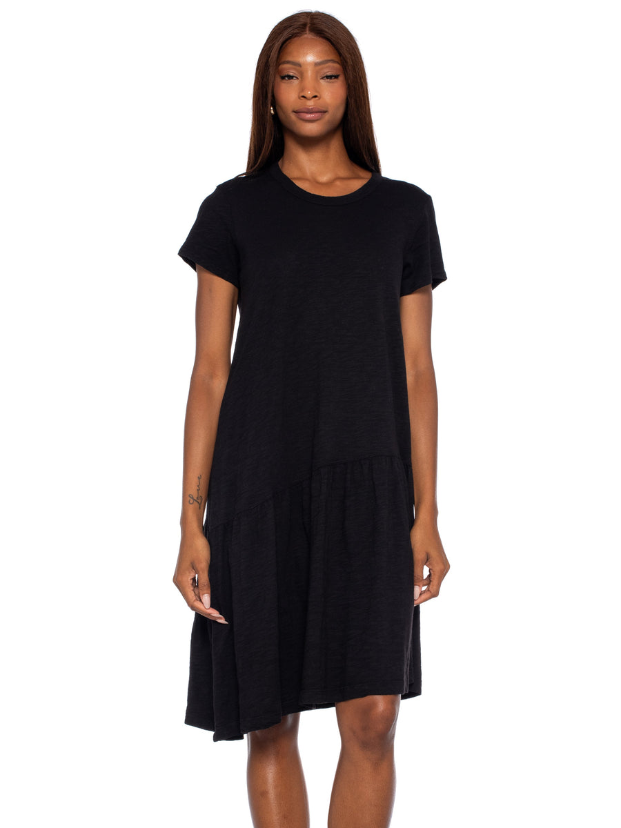 Short Sleeve Slant Hem Shirt Dress - Black / XS