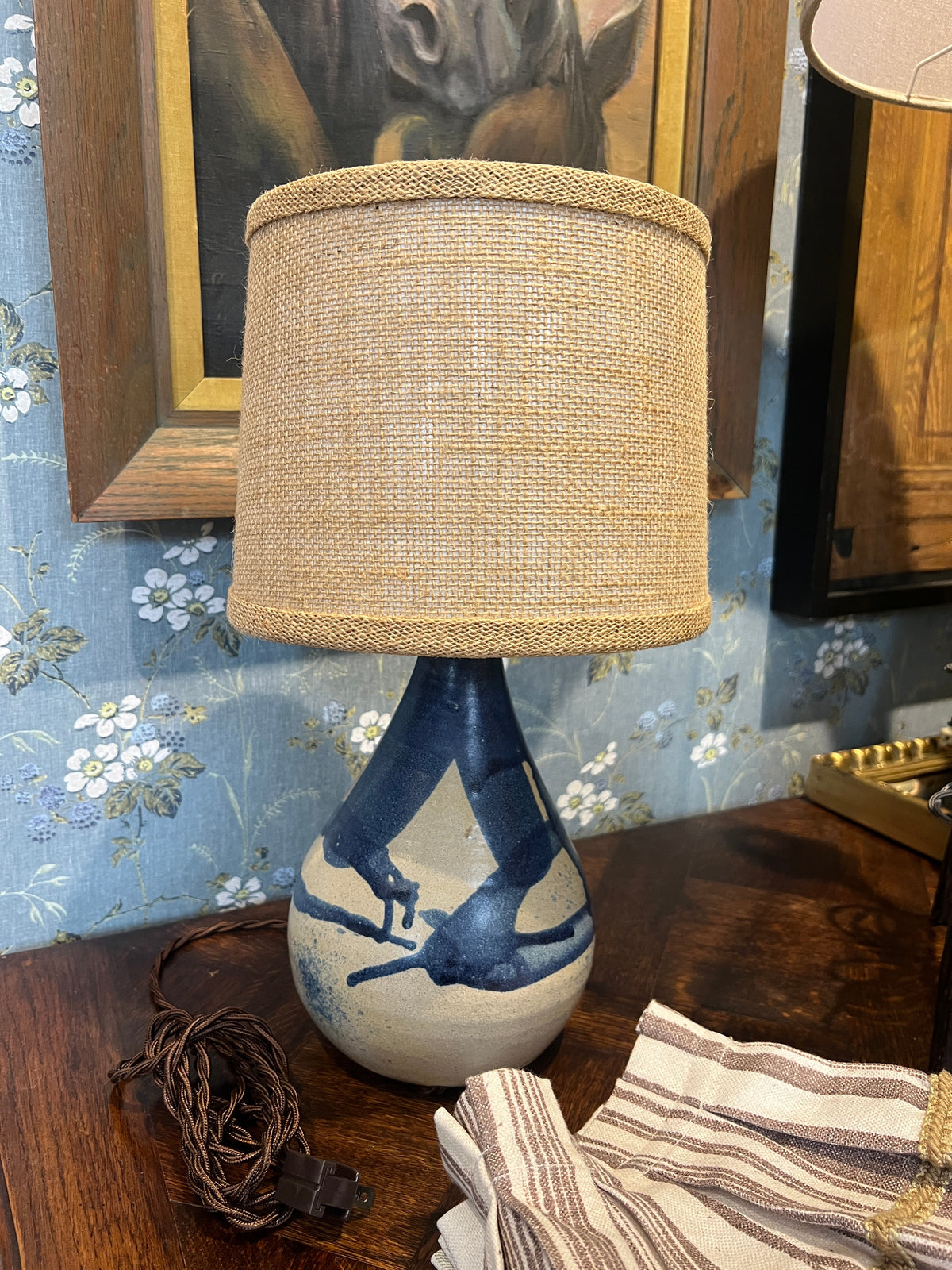 EHI - Object - Small Midcentury Lamp with Burlap shade