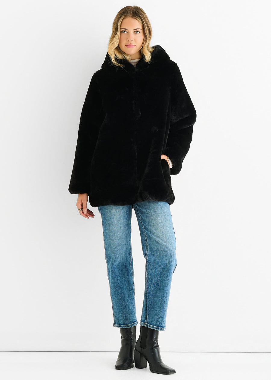 Black Hooded Long Sleeve Faux Fur Jacket