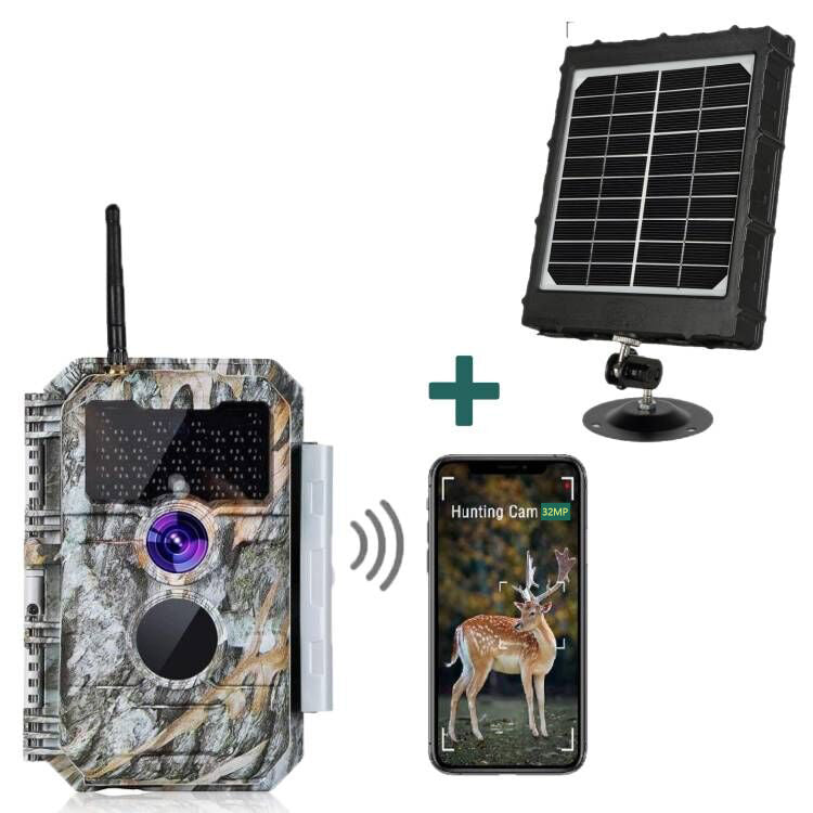 Bundle Wildkamera Wildtierkamer Jagdkamera Wlan 64MP 1296P 0,1s Auslöserzeit Nachtsicht Bewegungsmelder 110°PIR und Solarpanel-Kits 8000mAh 12V/9V/6V 