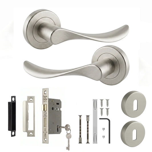 Nimbus Satin Nickel Privacy Door Lever Handles - Sash Lock Kit 64mm