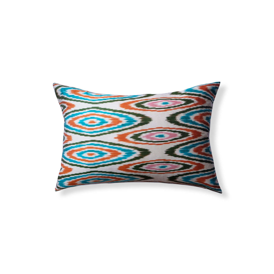 Belen Silk Ikat Lumbar Pillow - 16" x 24" / Orange & Blue & Pink