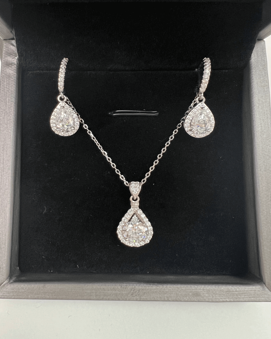 Diamond Necklace Earrings Bundle Set - Teardrop Pear