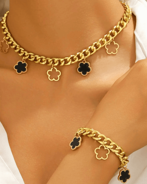 18K Gold Clover Charms Necklace Bracelet Bundle Set - MASON CHUNKY CHAIN™