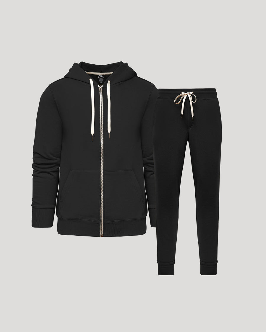 True Classic Black Full Zip Fleece Hoodie & Jogger Pants 2-Pack | Cotton Blend | Athletic Cut | Small