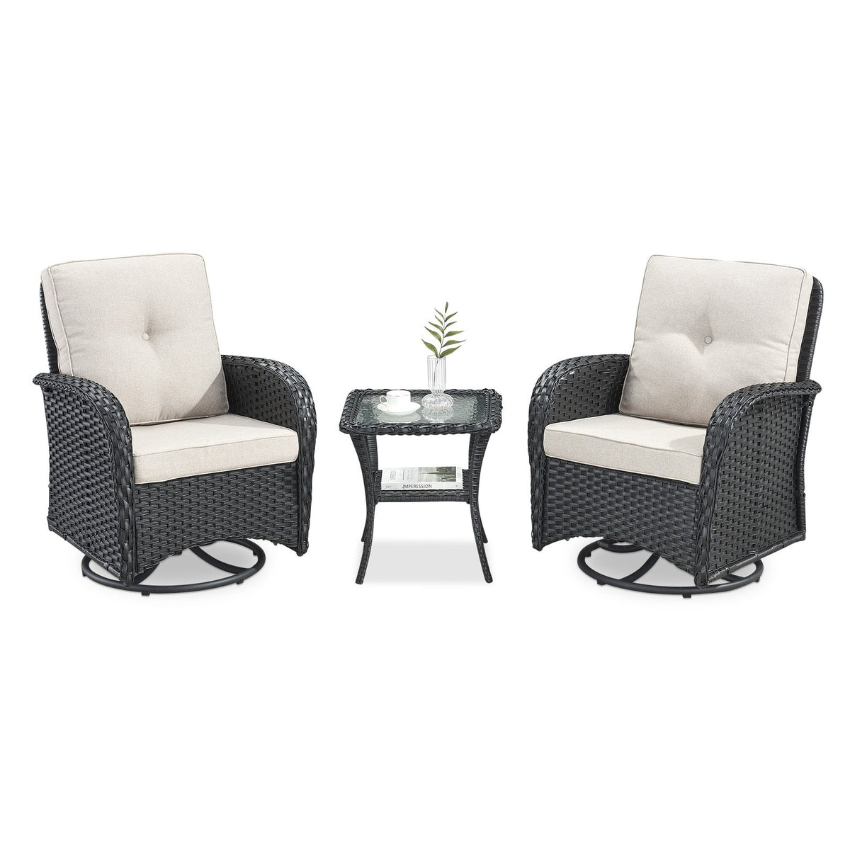 Swivel Glider Chairs Set with Side Table, NDS Series - Black Wicker / Beige Cushion