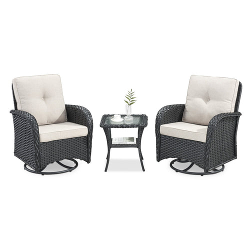 Swivel Glider Chairs Set with Side Table, NDS Series - Black Wicker / Beige Cushion