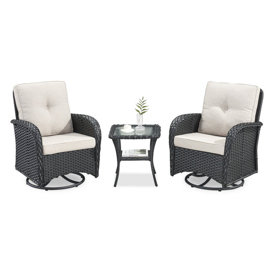 Swivel Glider Chairs Set with Side Table, NDS Series - Black Wicker / Beige Cushion