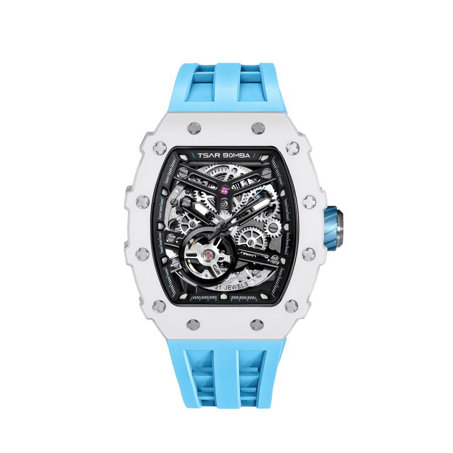 TSAR BOMBA Elemental TB8208C Keramik Automatik Skelett Tonneau Unique masculino Uhr-Keramik Lünette-Tourbillon Visible at 7 O'Clock-Weiß Blau