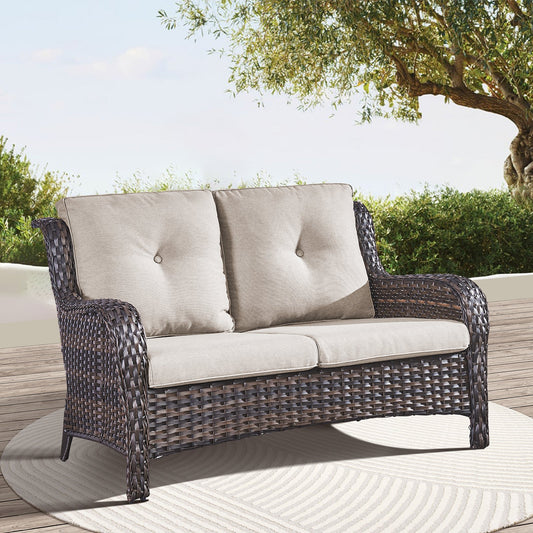 Outdoor Patio Furniture Wicker Loveseat Sofa, NTC Series - Brown Wicker / Beige Cushion