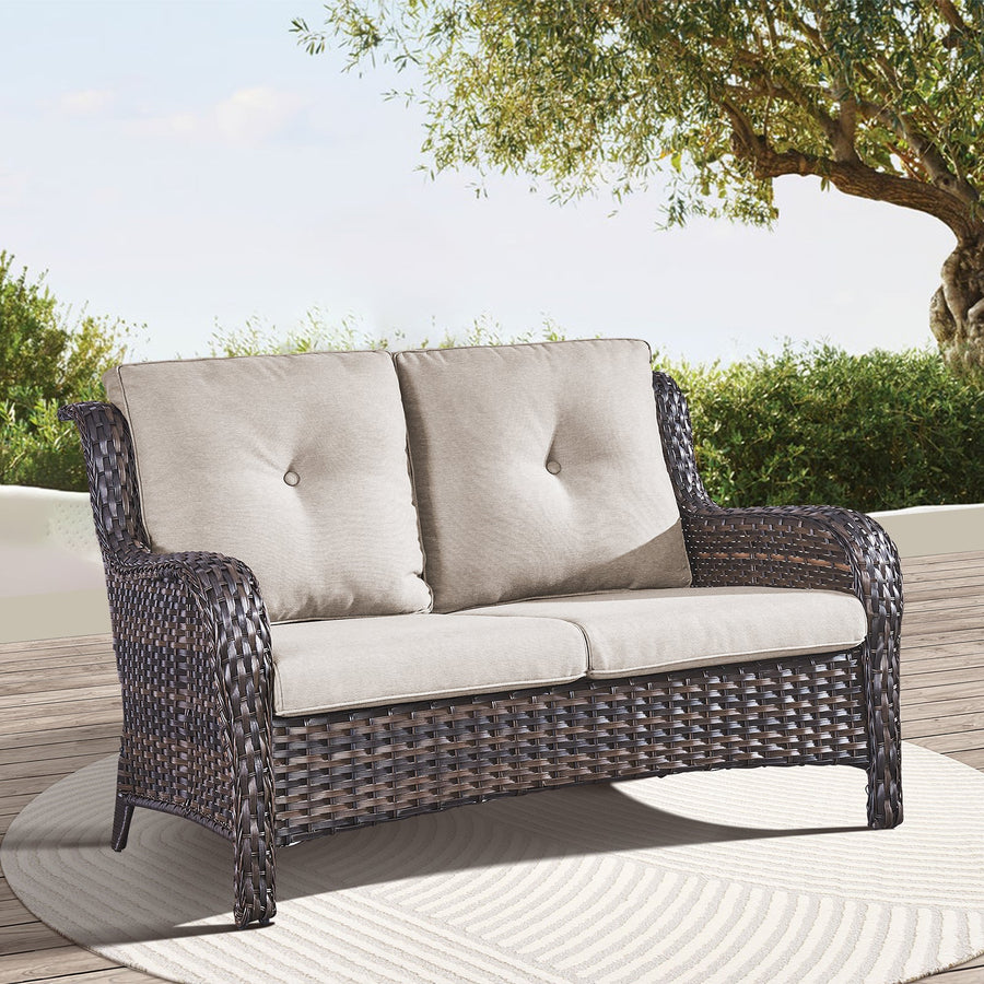 Outdoor Patio Furniture Wicker Loveseat Sofa, NTC Series - Brown Wicker / Beige Cushion