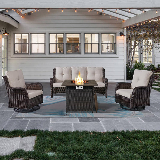 4-Piece Wicker Patio Set with Fire Pit Table, NTC Series - Brown Wicker / Beige Cushion