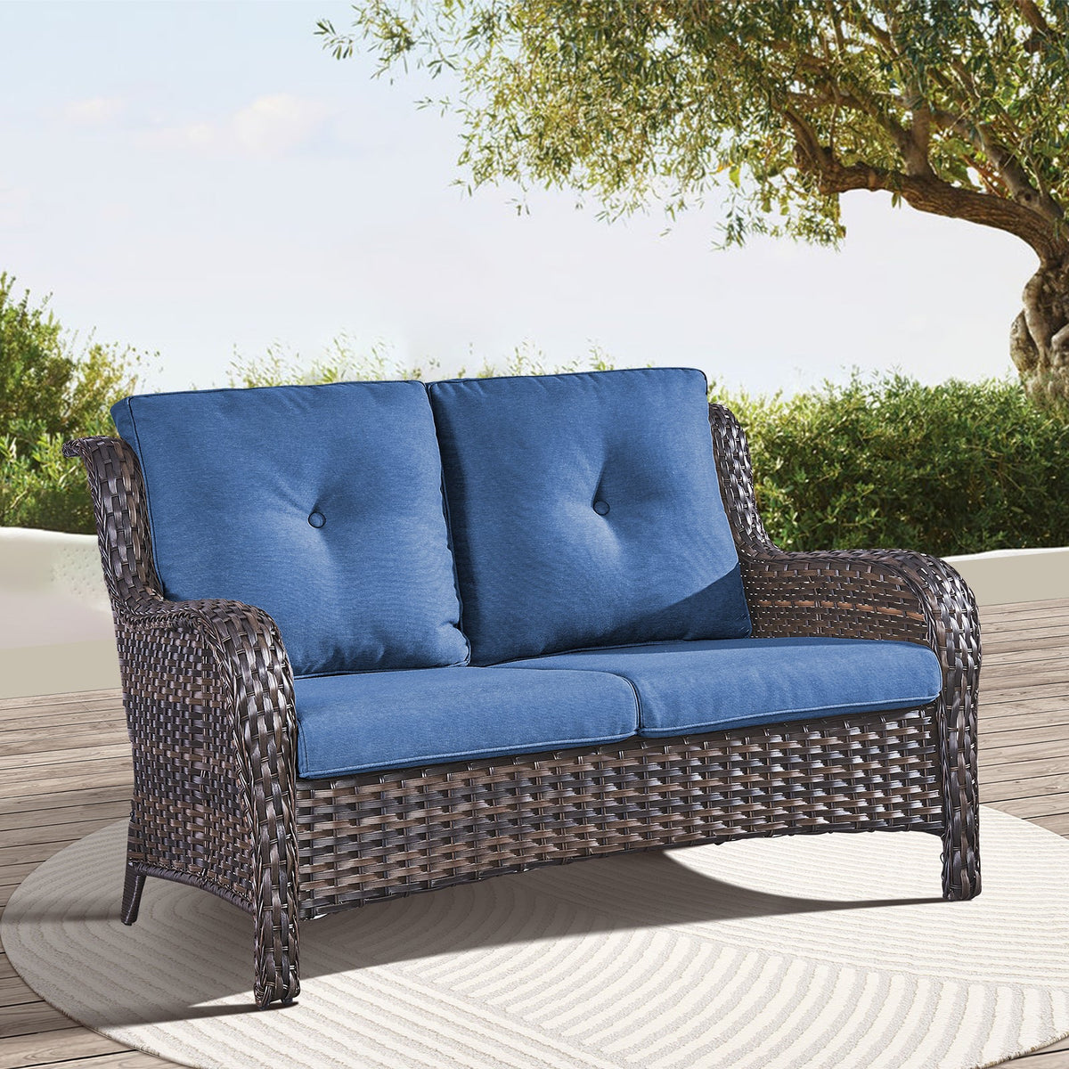 Outdoor Patio Furniture Wicker Loveseat Sofa, NTC Series - Brown Wicker / Blue Cushion