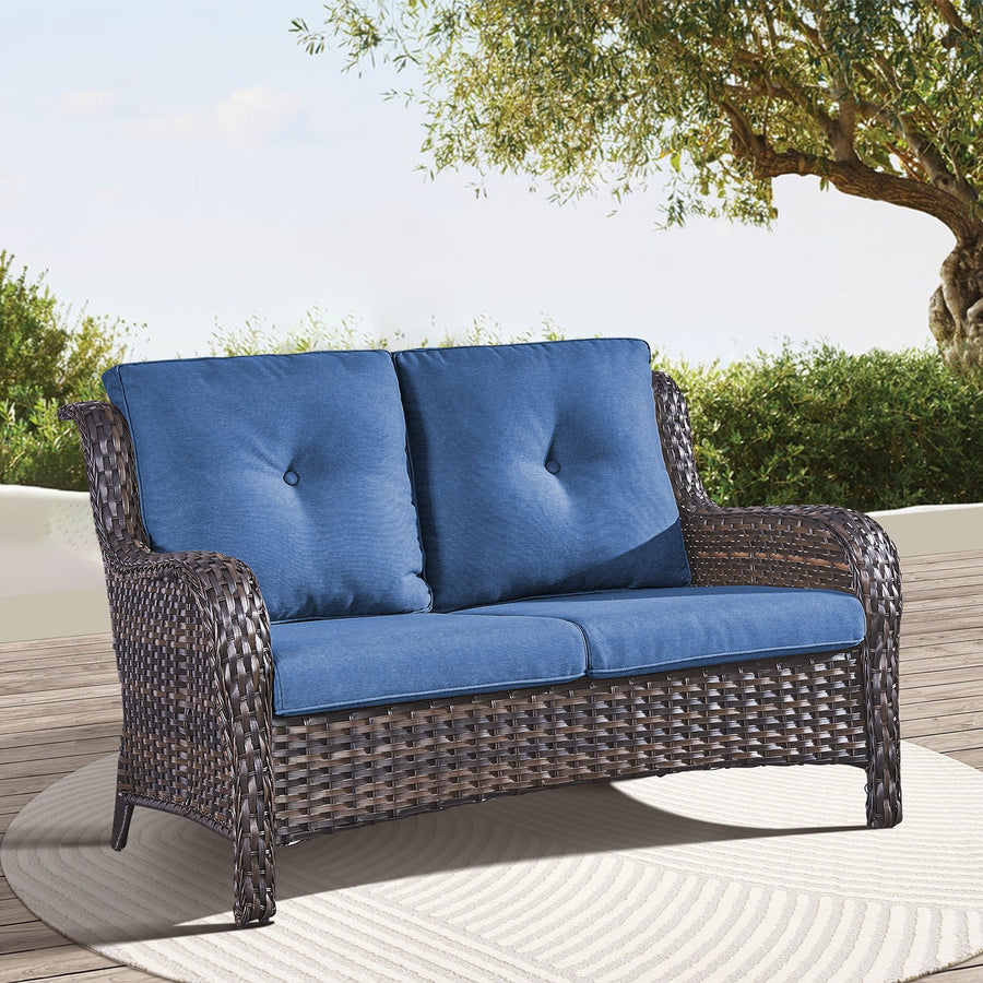Outdoor Patio Furniture Wicker Loveseat Sofa, NTC Series - Brown Wicker / Blue Cushion