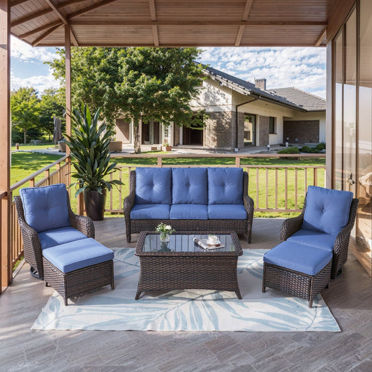 6-Piece Wicker Patio Set, Sofa, Swivel Glider Chairs & Table, NTC Series - Brown Wicker / Blue Cushion