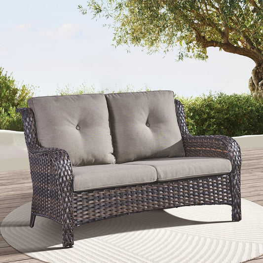 Outdoor Patio Furniture Wicker Loveseat Sofa, NTC Series - Brown Wicker / Grey Cushion