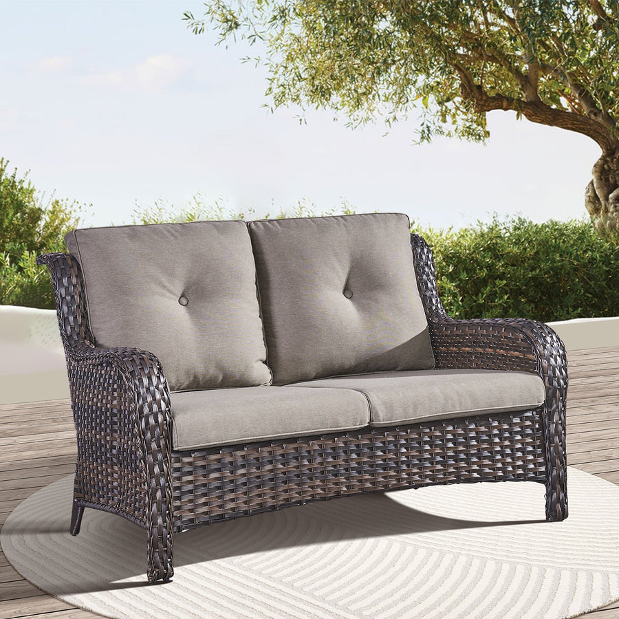 Outdoor Patio Furniture Wicker Loveseat Sofa, NTC Series - Brown Wicker / Grey Cushion