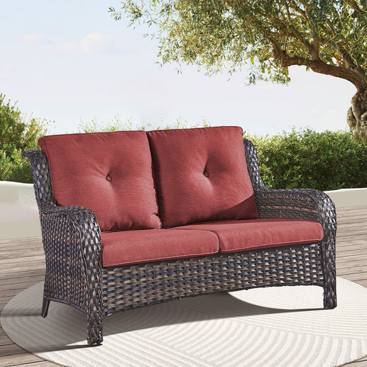 Outdoor Patio Furniture Wicker Loveseat Sofa, NTC Series - Brown Wicker / Red Cushion