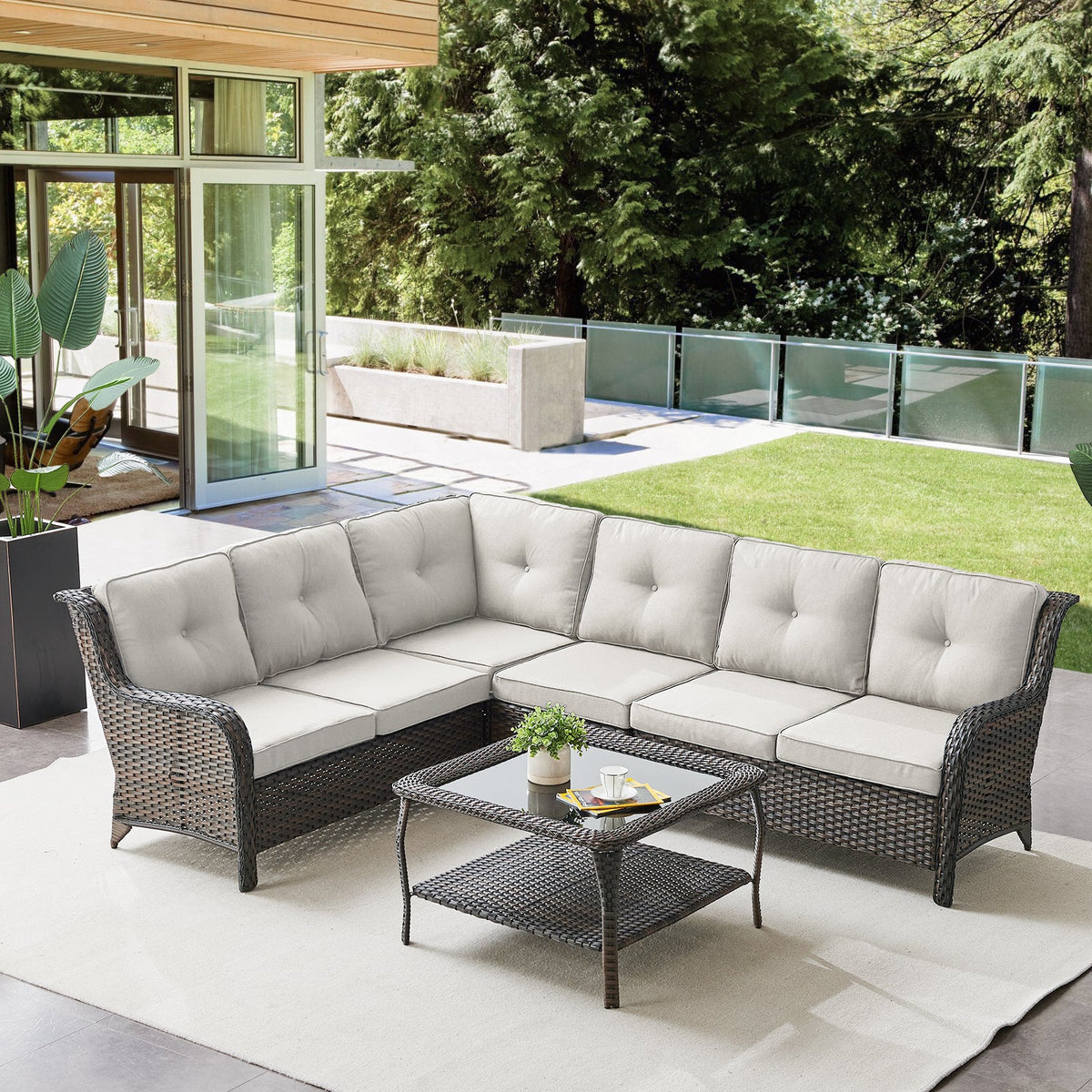 3 Pieces L-Shaped Wicker Sectional Sofa Set – Seats 6, NTC Series - Brown Wicker / Beige Cushion